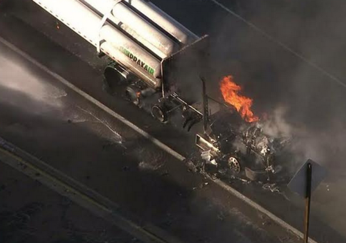 A big rig burns on the 60 Freeway in Hacienda Heights on Thursday afternoon.