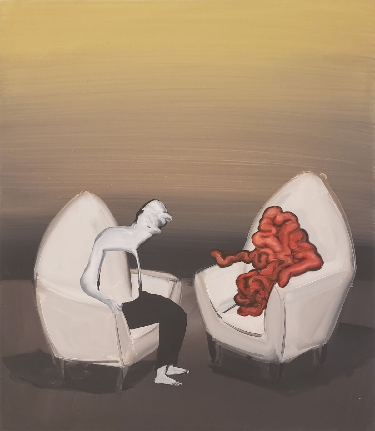 A painting of a male figure, missing much of his torso, in a chair chatting with intestines, also in a chair.