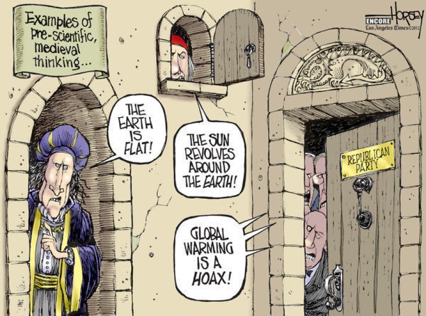 Republicans have become the party of climate change deniers, as illustrated in this 2009 Horsey cartoon.