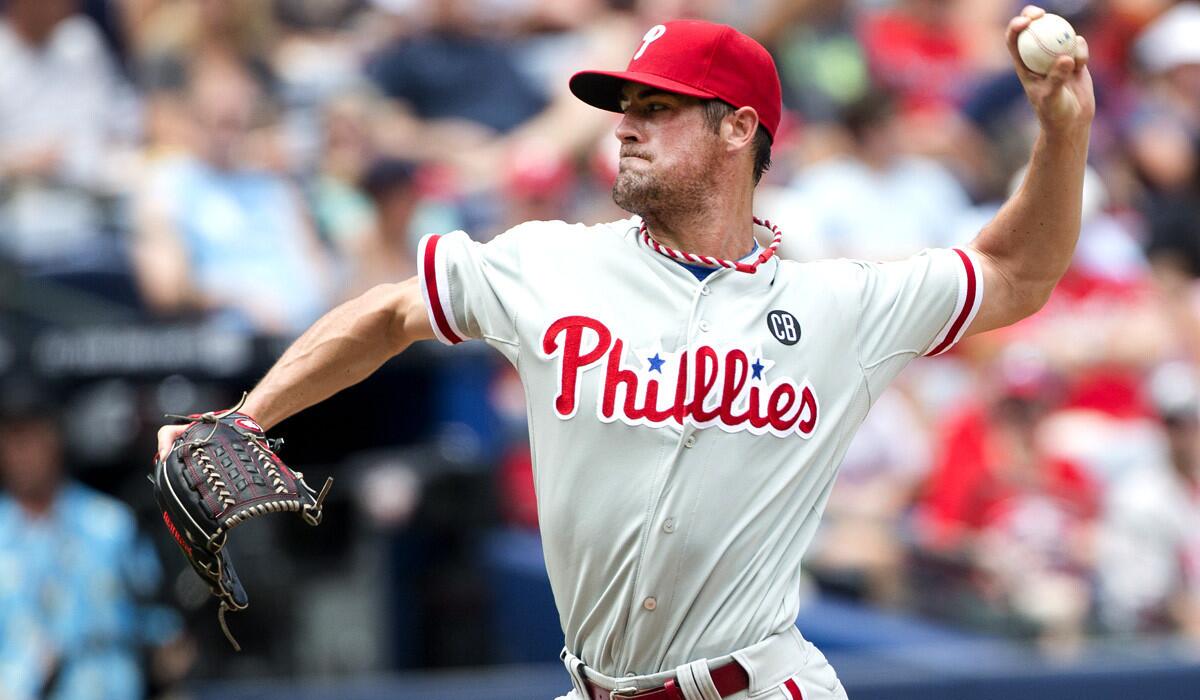 Philadelphia Phillies starting pitcher Cole Hamels went six innings against the Braves on Monday in Atlanta, striking out seven but walking five.