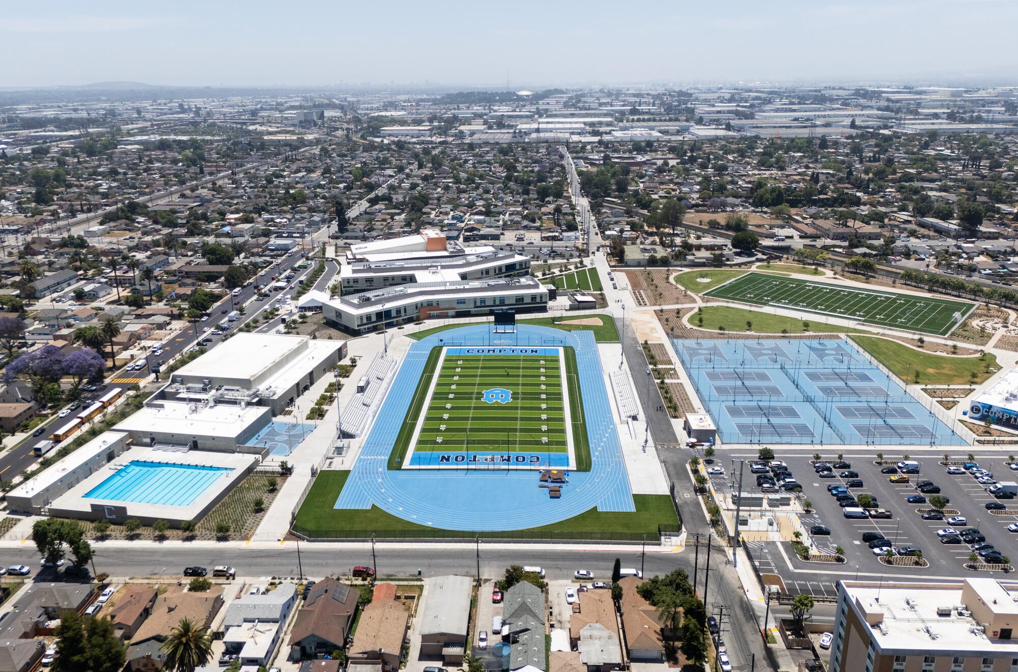 An aerial view of Compton High School.