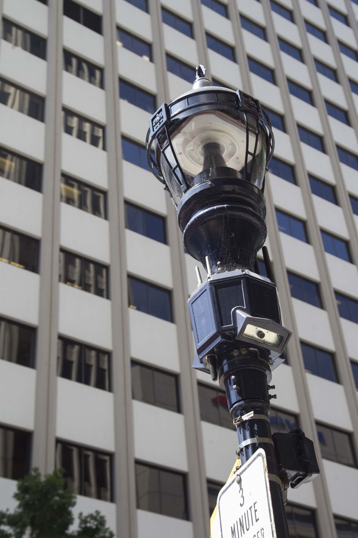 The city of San Diego has already installed thousands of "Smart Street Lamps" that include an array of sensors including video and audio that is used by law enforcement and other city entities. On a street lamp downtown, a module below the light houses the cameras, antennas and other instruments.