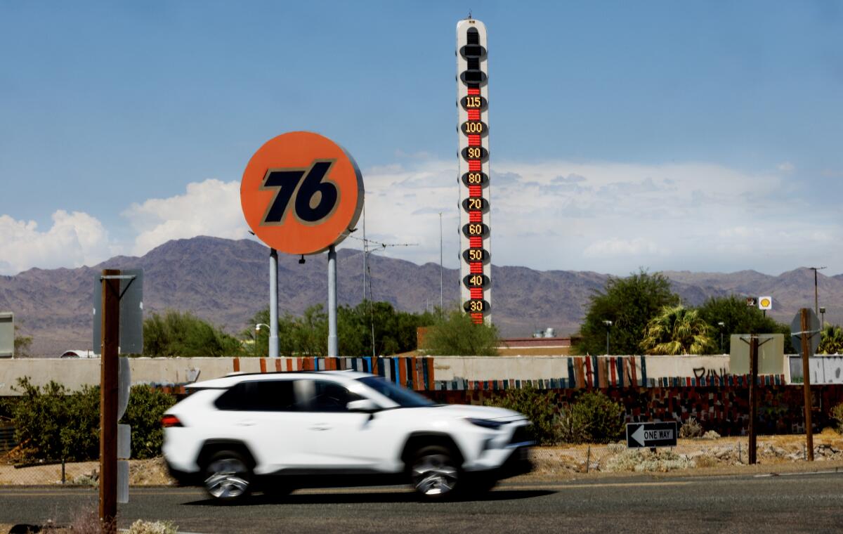 A giant thermometer in Baker, Calif., reads 115 degrees on July 19.
