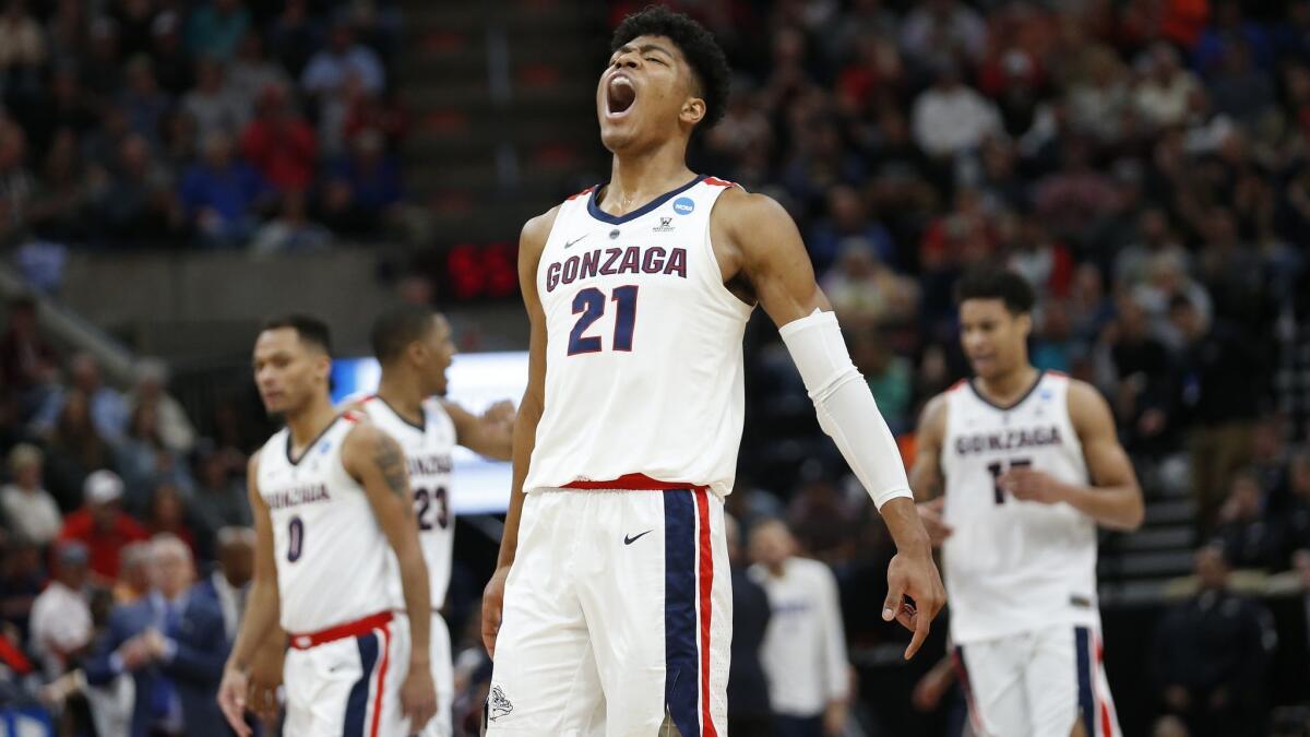 Rui Hachimura celebrates after a Gonzaga score against Fairleigh Dickinson during the first round of NCAA tournament.