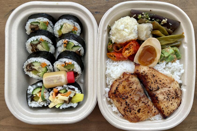 From left, gimbap and a fish dosirak from Perilla.