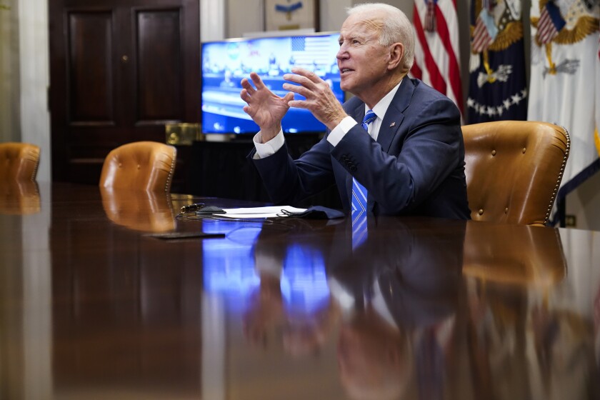 President Joe Biden congratulates NASA's Jet Propulsion Laboratory Mars 2020 Perseverance team for successfully landing on Mars during a virtual call in the Roosevelt Room at the White House, Thursday, March 4, 2021. (AP Photo/Andrew Harnik)