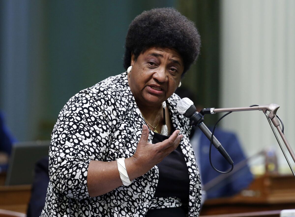 California Secretary of State Shirley Weber speaks at the Capitol in Sacramento