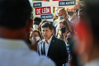 Los Angeles, CA - September 21: Los Angeles City Councilman Kevin de Leon announced that he has joined the race to replace Mayor Eric Garcetti in next year's municipal election at the El Pueblo de Los Angeles Historical Monument on Tuesday, Sept. 21, 2021 in Los Angeles, CA. (Irfan Khan / Los Angeles Times)