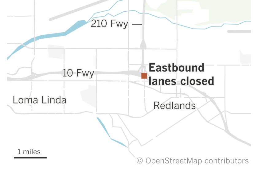 A map of the area around Redlands shows where the eastbound lanes of the 10 Freeway were closed