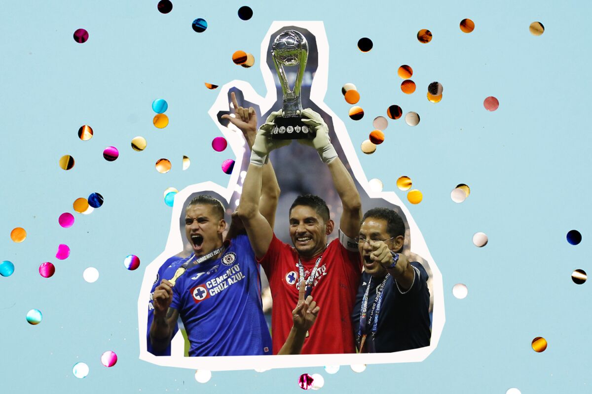 Cruz Azul's players celebrate with trophy, confetti in the background