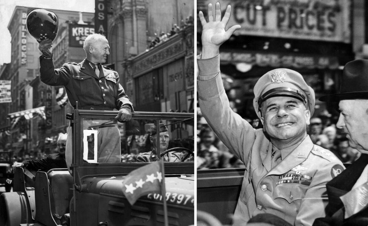 June 9, 1945: Gen. George S. Patton Jr., left, doffs his helmet to the crowd during a welcome home parade on Broadway in Los Angeles. Lt. Gen. James Doolittle waves during the parade.