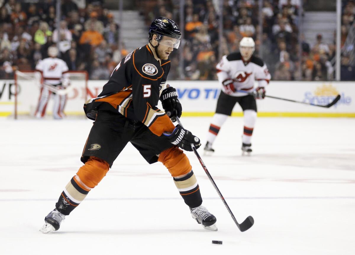 Ducks defenseman Korbinian Holzer had two assists against the Devils during the first period.