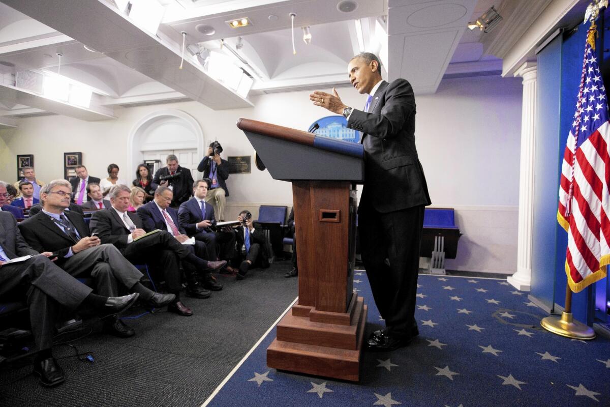 President Obama is seen speaking to reporters last Wednesday after he met with Veterans Affairs Secretary Eric Shinseki.