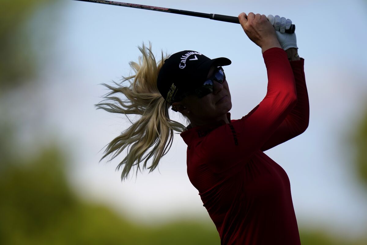 Madelene Sagstrom hits off the 11th tee during the first round of the LPGA Cognizant Founders Cup golf tournament, Thursday, May 12, 2022, in Clifton, N.J. (AP Photo/Seth Wenig)