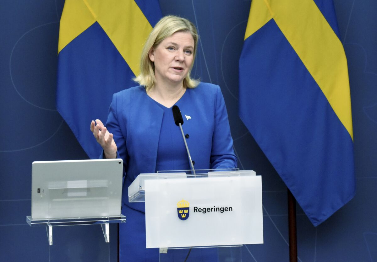 Sweden's Priime Minister Magdalena Andersson announces during a digital press conference that Sweden will lift nearly all Covid-19 restrictions on February 9th, in Stockholm, Thursday, Feb. 3, 2022. (Marko Säävälä/TT via AP)