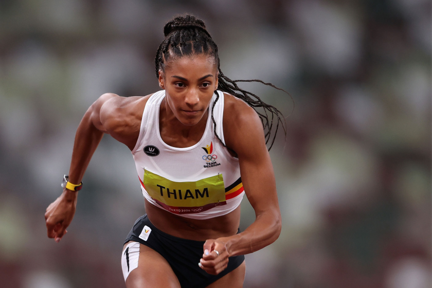 Nafi Thiam Belgium competes in the heptathlon 800 meters at the Tokyo Olympics on Friday.