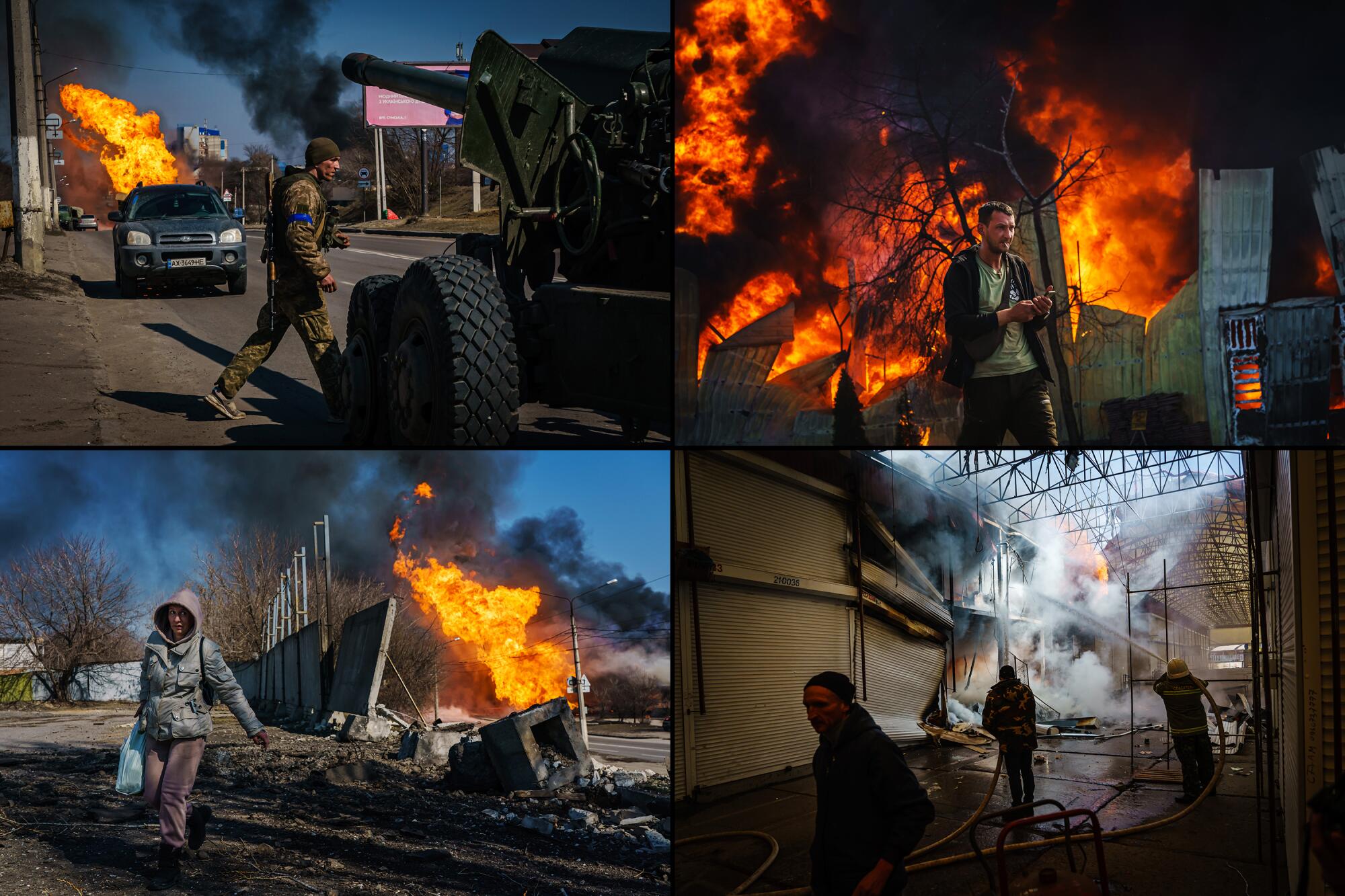 Four photos from Kharkiv showing soldiers, civilians and firefighters walking away or towards burning buildings.