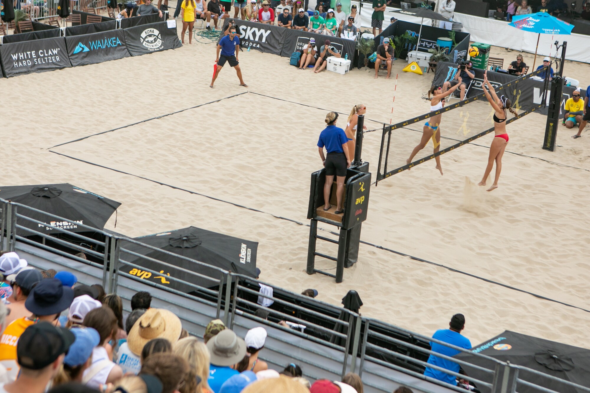 Volleyball players and fans enjoy the AVP Hermosa Beach Open final.