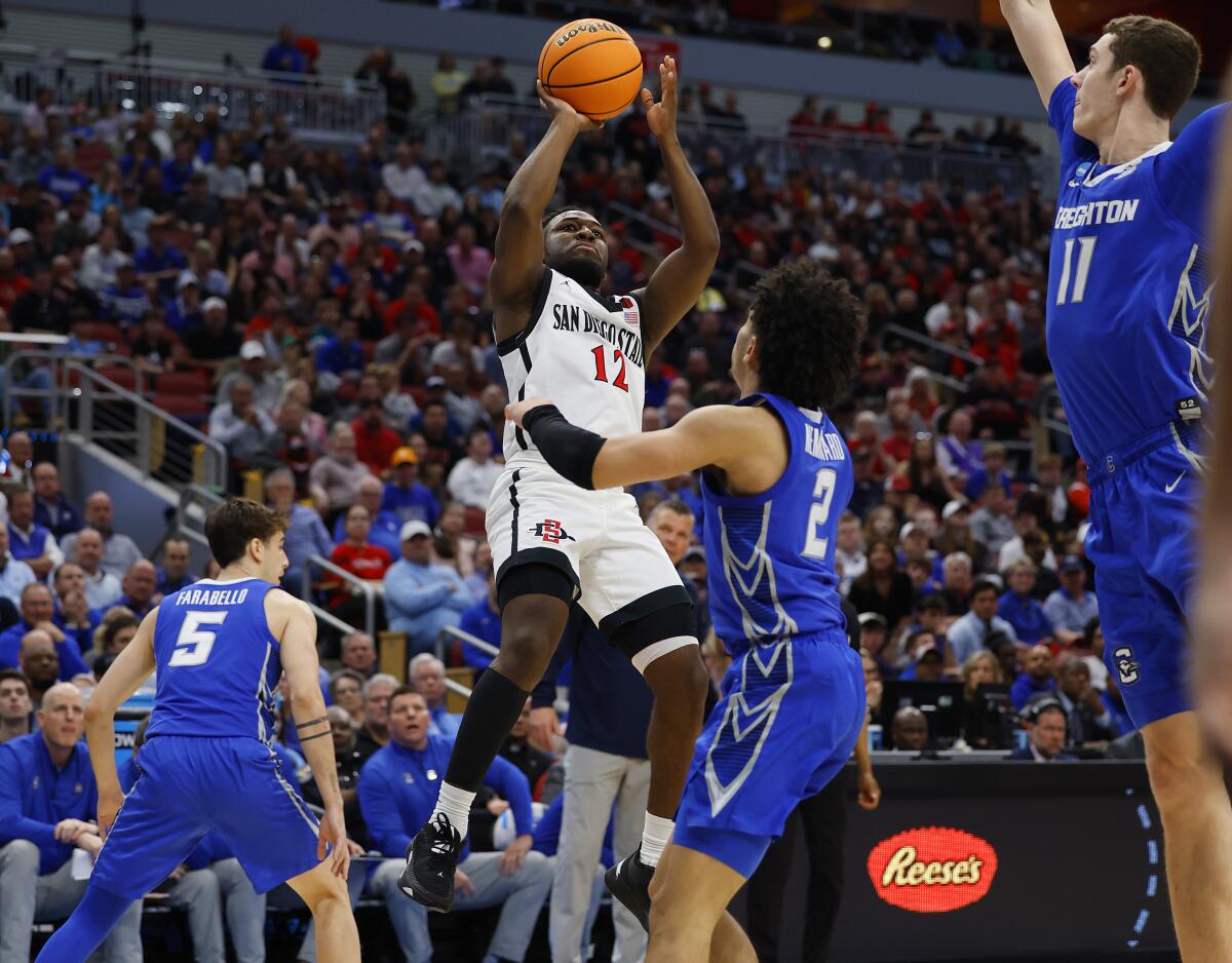 San Diego State's Darrion Trammell scores against Creighton.