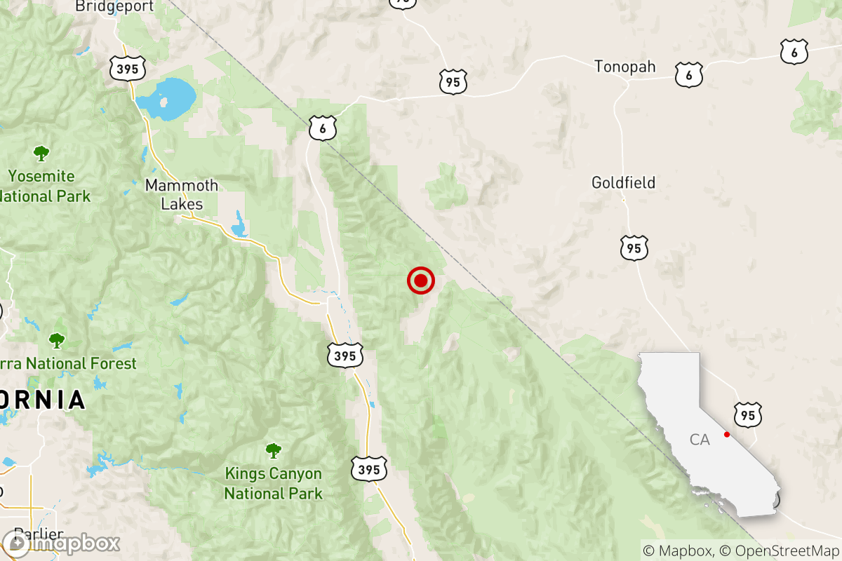 The epicenter is shown in red of a magnitude 3.5 earthquake reported Tuesday at 11:15 a.m. Pacific time 94 miles from Reedley, Calif.