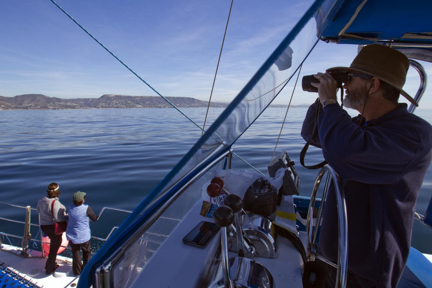 Captain Dave Anderson uses binoculars to spot migrating whales, as tourists also keep watch aboard Anderson's Dolphin and Whale Safari 35-foot catamaran off Dana Point.