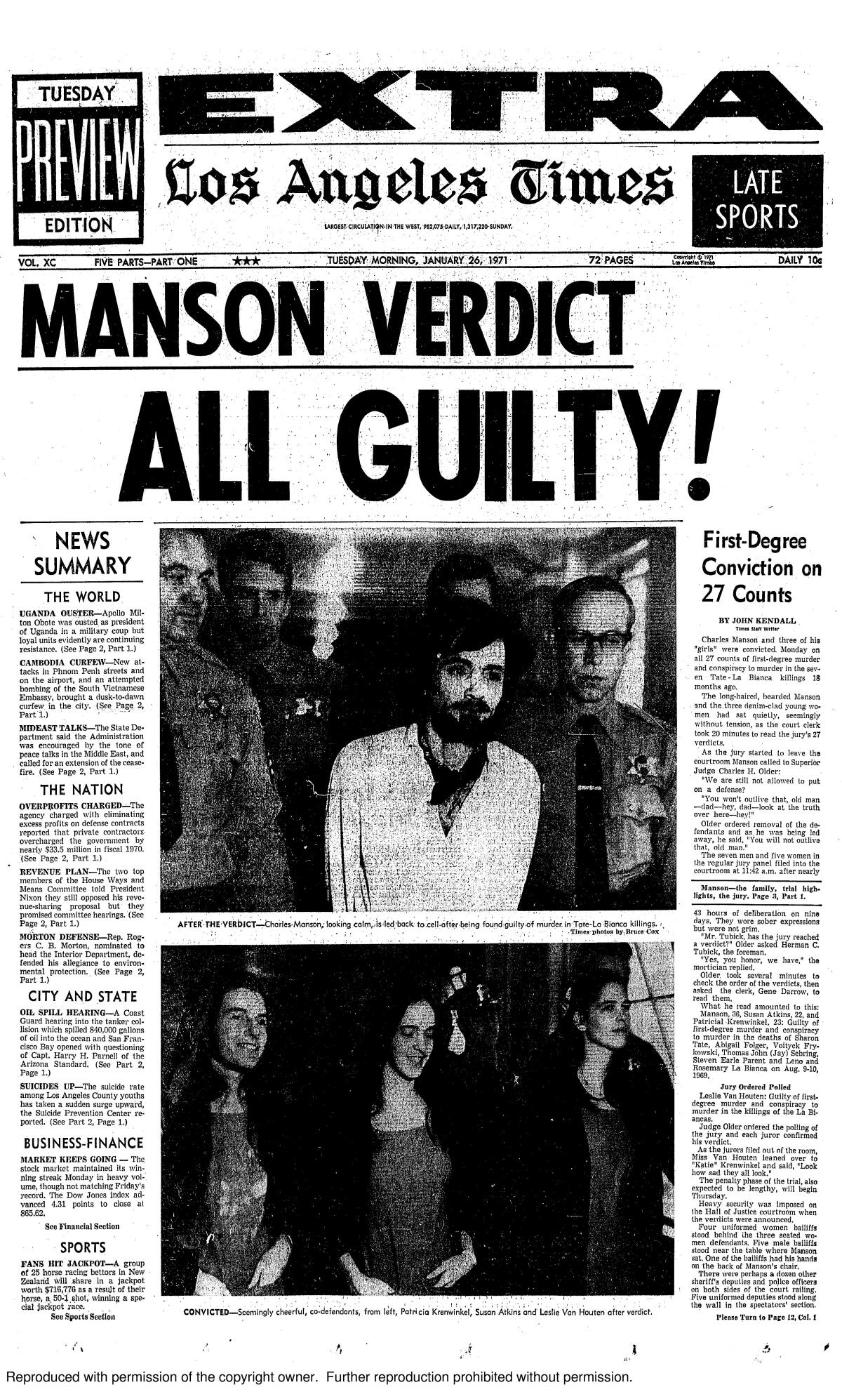 The front page of The Times with the headline "Manson verdict: All guilty"