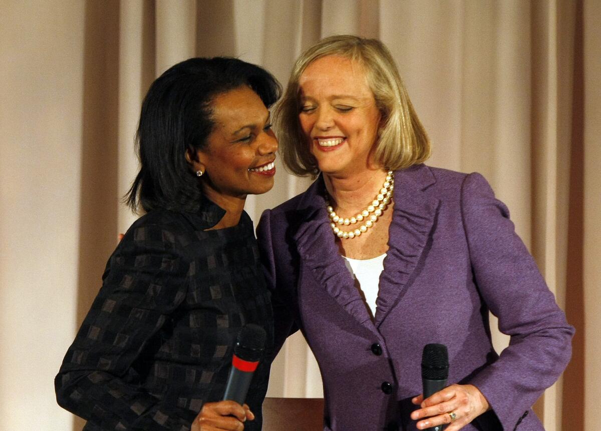 Republican gubernatorial candidate Meg Whitman and former Secretary of State Condoleeza Rice greet each other on stage to start a fundraising event at the Hyatt Regency Irvine in April 2010. They are among the high-profile personalities who have turned down chances to speak at college graduations after their selection drew scrutiny from students and faculty.