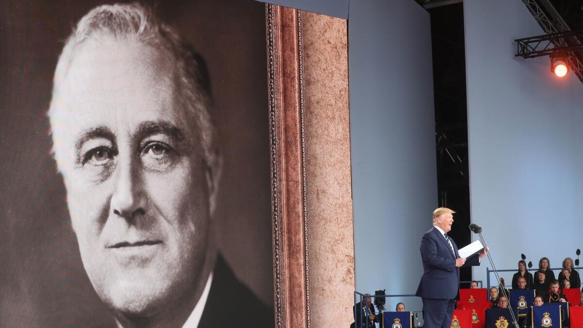 President Trump speaks against a backdrop image of President Franklin D. Roosevelt at a D-day commemoration in Portsmouth, Britain, on Wednesday.