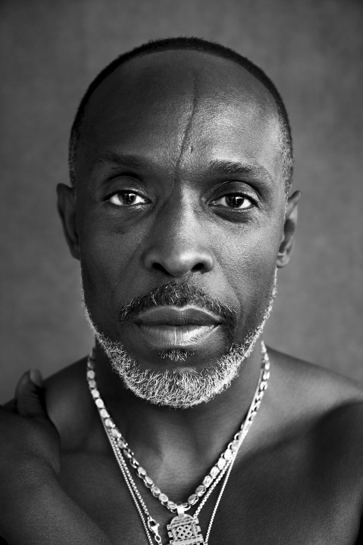 Michael K. Williams, sporting necklaces, stares at the camera