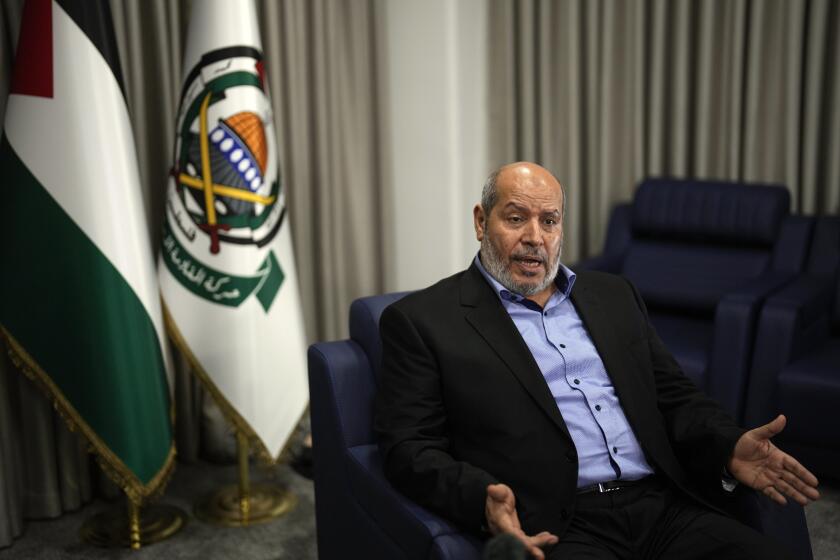 Khalil al-Hayya, a high-ranking official with the Palestinian militant group, who has represented it in negotiations for a ceasefire and hostage exchange deal, speaks during an interview for The Associated Press, in Istanbul, Turkey, Wednesday, April 24, 2024. (AP Photo/Khalil Hamra)