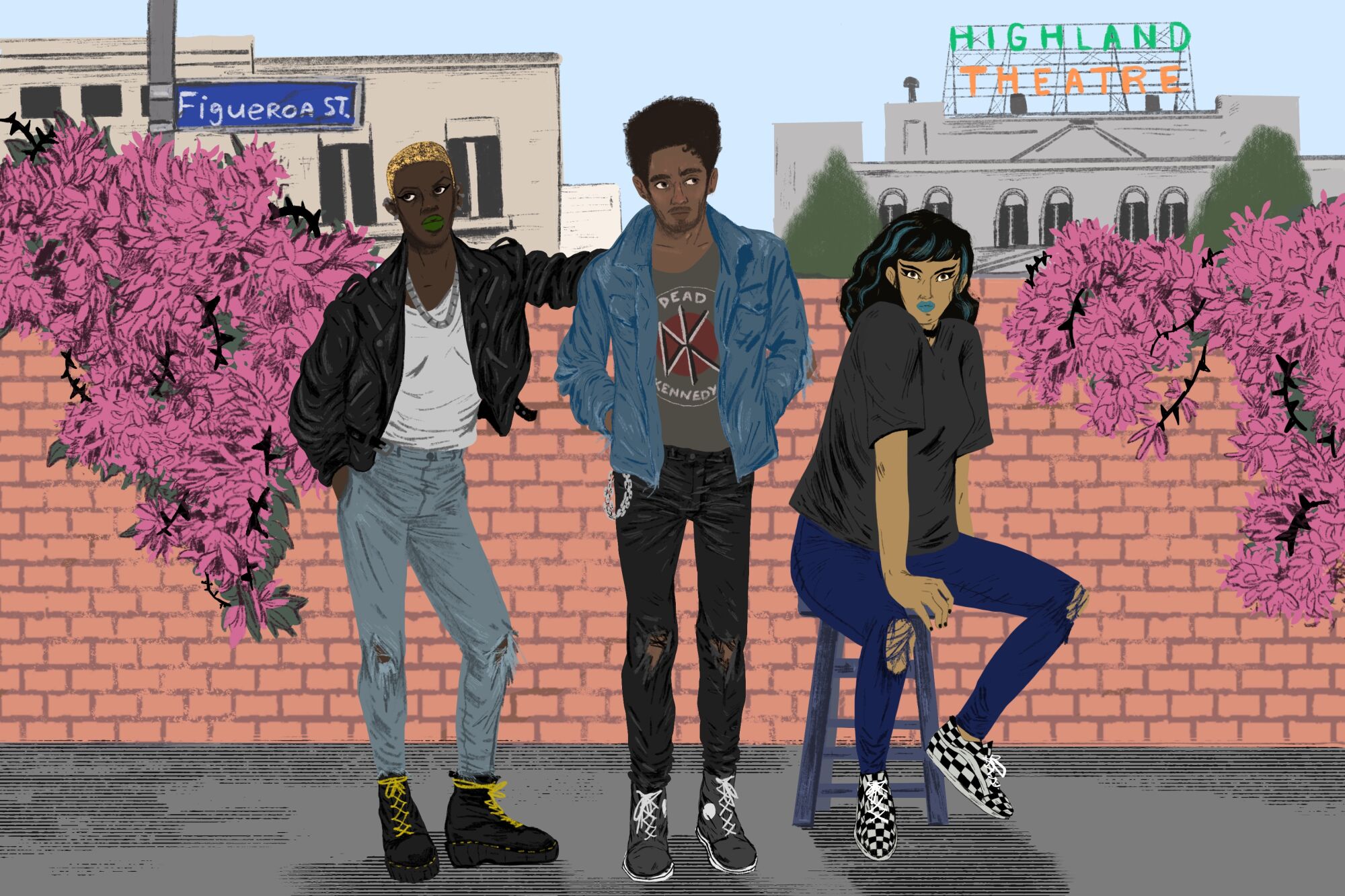 illustration of three Black and brown young people hanging out in Highland Park wearing punk aesthetic skinny jeans