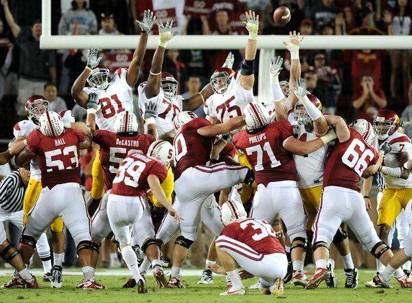 Stanford kicker Nate Whitaker gets away the game-winning field goal from 30 yards against USC on Saturday.