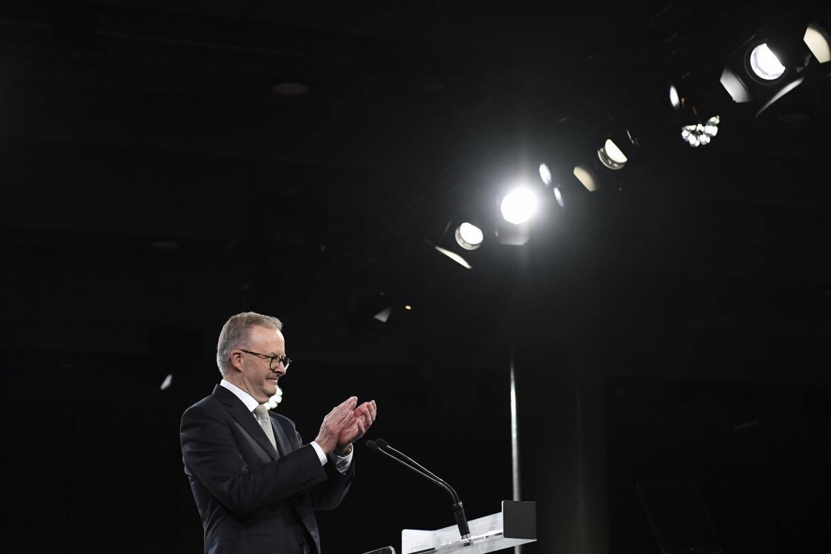 Australian opposition leader Anthony Albanese addresses the crowd during the Labor Party campaign launch in Perth, Sunday, May 1, 2022. Australia will have a national election on May 21. (Lukas Coch/AAP Image via AP)