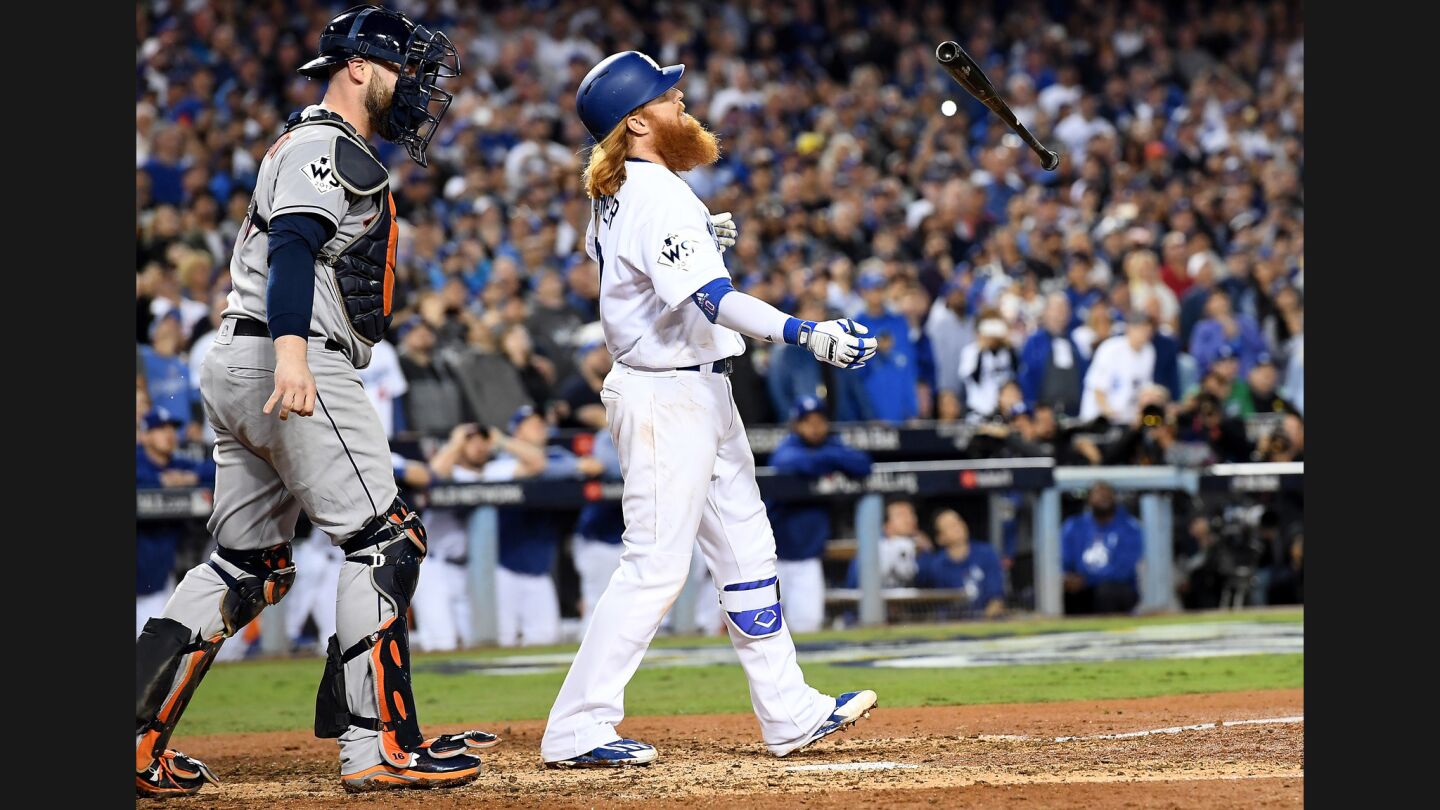 Justin Turner tosses his bat while popping-out in the 6th inning against the Astros in Game 6.
