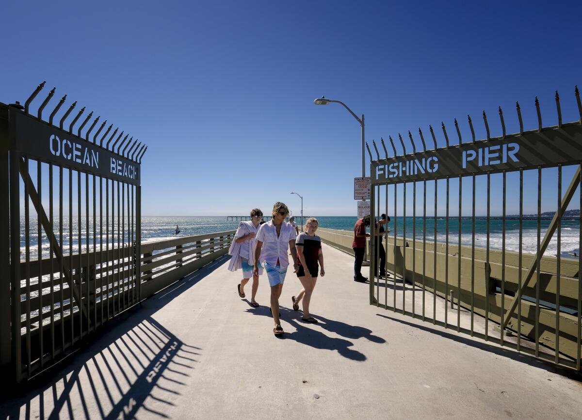 Beachgoers stroll on the Ocean Beach pier