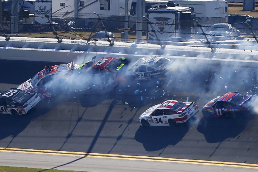 A crash involving Reed Sorenson and Clint Bowyer takes out a total of five cars Sunday at Daytona International Speedway during the first round of knockout qualifying for the Daytona 500.