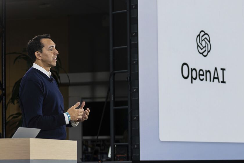 Yusuf Mehdi, Microsoft Corporate Vice President of Search, speaks to members of the media about the integration of the Bing search engine and Edge browser with OpenAI on Tuesday, Feb. 7, 2023, in Redmond, Wash. (AP Photo/Stephen Brashear)