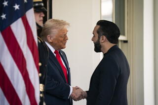 US President Donald Trump greets Nayib Bukele, El Salvador's president