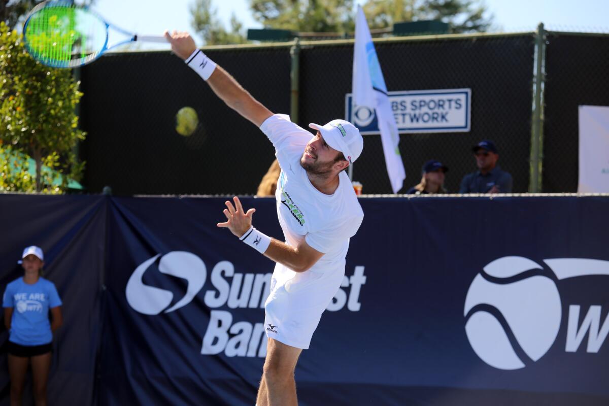 Luke Bambridge hits a serve for the Orange County Breakers against the Washington Kastles in 2019. Bambridge is set to return for the Breakers this summer, at a location to be determined.