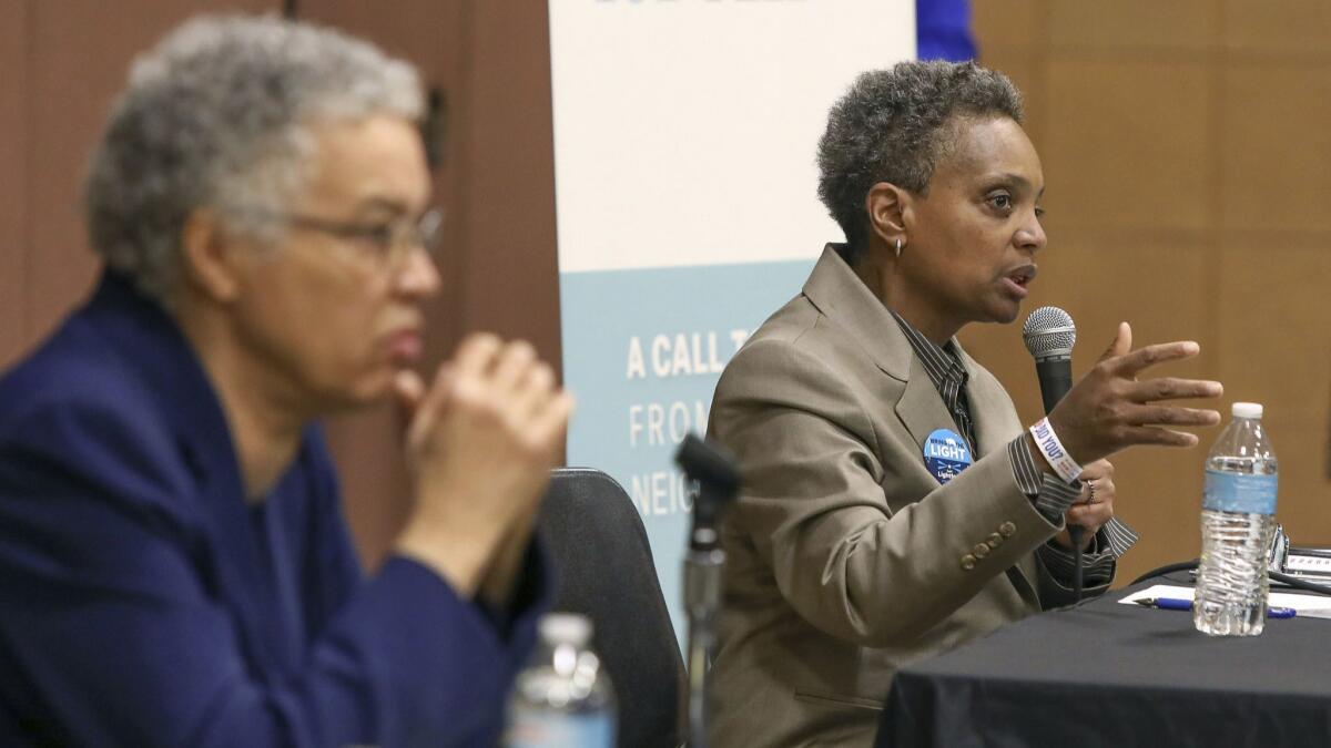 Lori Lightfoot, right, defeated Toni Preckwinkle in the Chicago mayoral election.