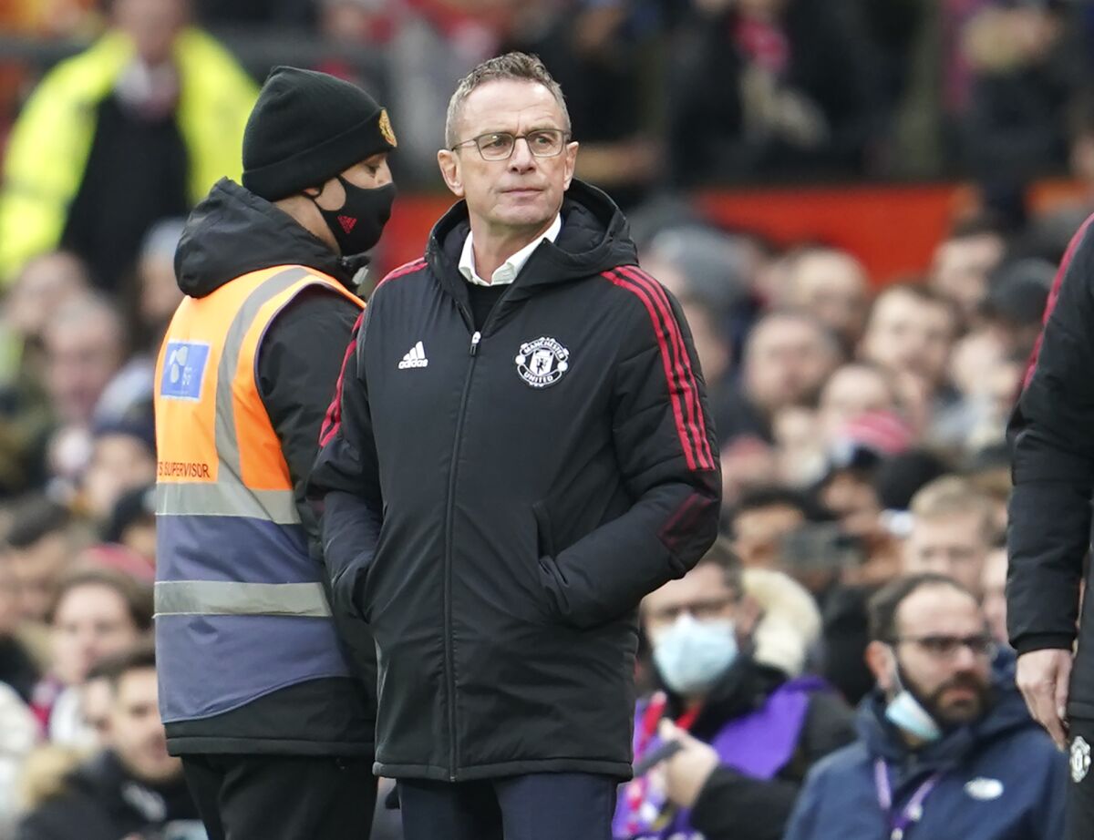 Manchester United's manager Ralf Rangnick ahead the English Premier League soccer match between Manchester United and Crystal Palace at Old Trafford stadium in Manchester, England, Sunday, Dec. 5, 2021. (AP Photo/Jon Super)