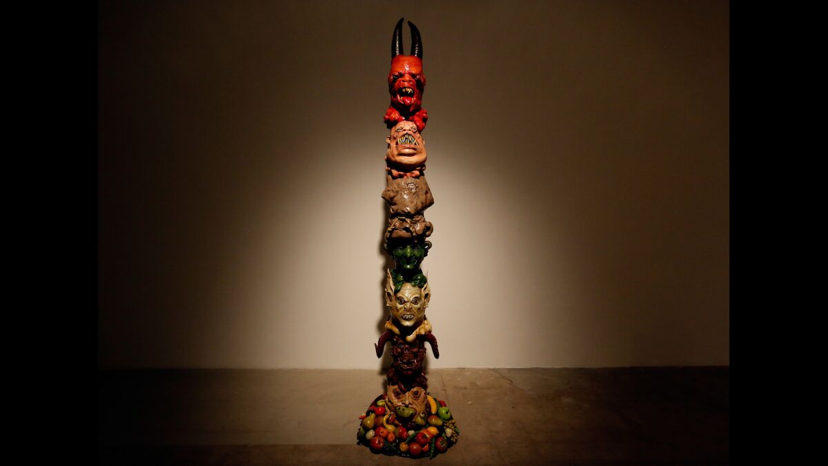 "Monster Totem," 2016, by Marnie Weber, made from the costumes she employed in her feature film.