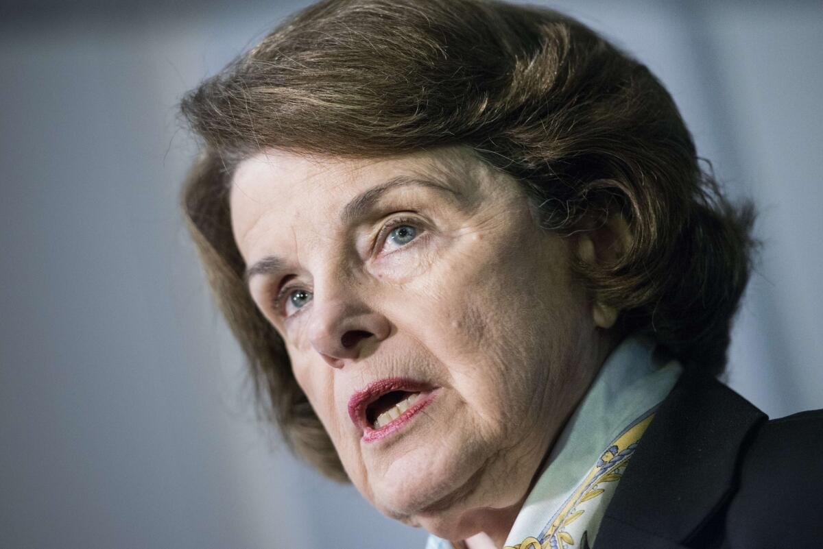 Senator Dianne Feinstein (D-Calif.) speaks to the media after a closed meeting of the Senate Intelligence Committee on Capitol Hill.