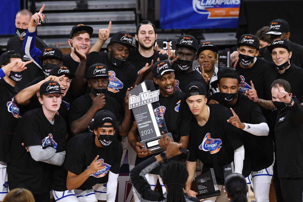 UC Santa Barbara celebrates after defeating UC Irvine in the Big West tournament on March 13.