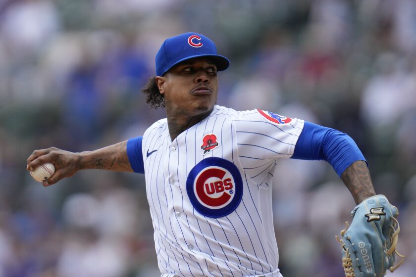 Chicago Cubs starting pitcher Marcus Stroman throws during the first inning of a baseball game against the Tampa Bay Rays Monday, May 29, 2023, in Chicago. (AP Photo/Erin Hooley)