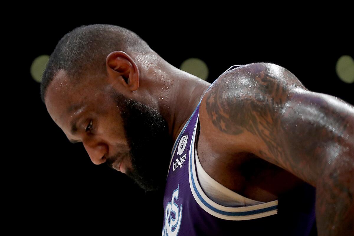 LeBron James looks down during the second quarter.