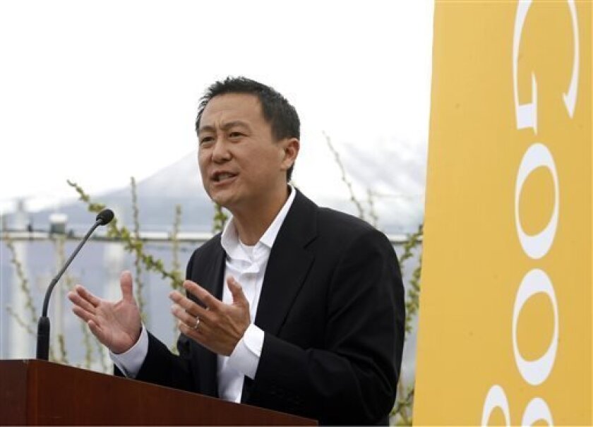 Kevin Lo, General Manager of Google Fiber, speaks after it was announced that Google will make Provo, Utah, the third city to get its high-speed Internet service via fiber-optic cables, Wednesday, April 17, 2013 in Provo. The Provo deal is the first time Google plans to acquire an existing fiber-optic system. The city of 115,000 created the fiber-optic network, iProvo, in 2004, which has struggled to break even. (AP Photo/The Salt Lake Tribune, Rick Egan) DESERET NEWS OUT; LOCAL TV OUT; MAGS OU