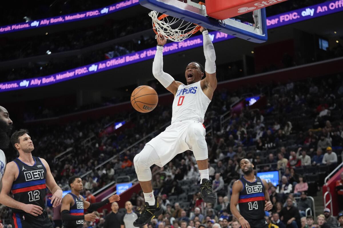 Clippers guard Russell Westbrook dunks during the second half.