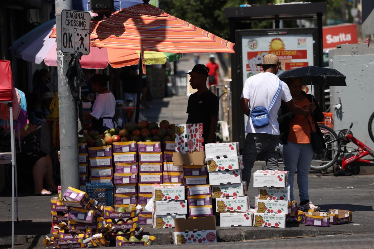 A street vendor with piles of produce.