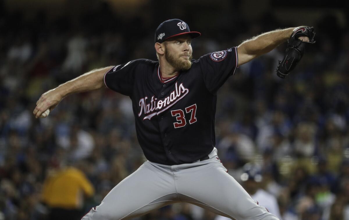 The Nationals' Stephen Strasburg delivers a pitch in Game 2 of the NLDS against the Dodgers on Oct. 4, 2019.